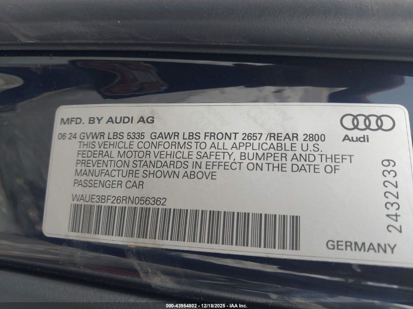 2024 Audi A6 Premium Plus 45 Tfsi Quattro S Tronic VIN: WAUE3BF26RN056362 Lot: 43954802