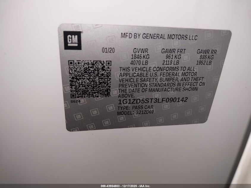 2020 Chevrolet Malibu Fwd Lt VIN: 1G1ZD5ST3LF090142 Lot: 43954803