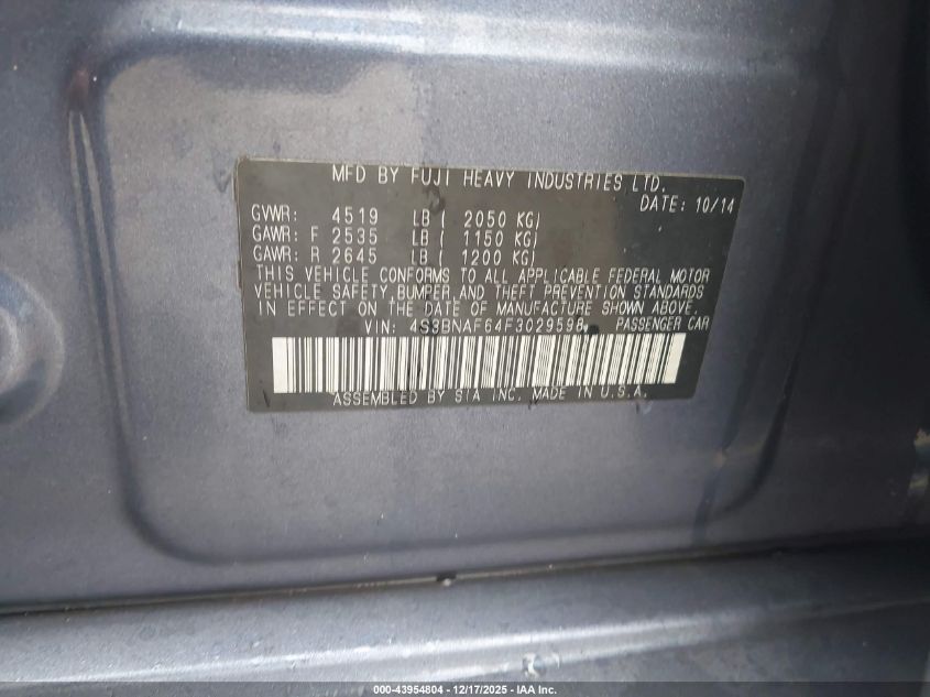 2015 Subaru Legacy 2.5I Premium VIN: 4S3BNAF64F3029598 Lot: 43954804