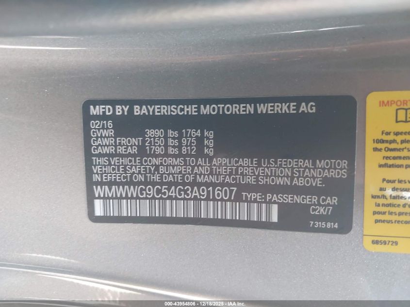 2016 Mini Convertible Cooper S VIN: WMWWG9C54G3A91607 Lot: 43954806