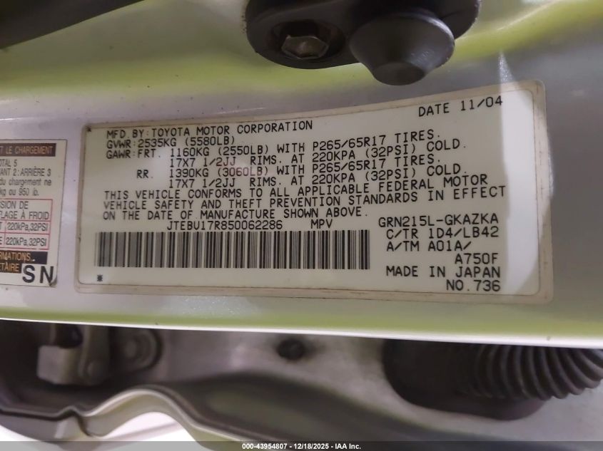 2005 Toyota 4Runner Limited V6 VIN: JTEBU17R850062286 Lot: 43954807