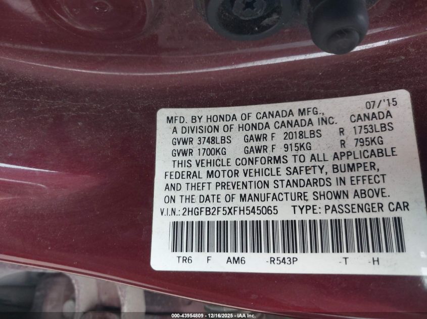 2015 Honda Civic Lx VIN: 2HGFB2F5XFH545065 Lot: 43954809