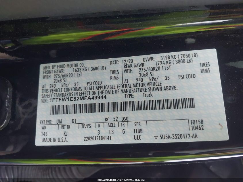 2021 Ford F-150 King Ranch VIN: 1FTFW1E82MFA49944 Lot: 43954810