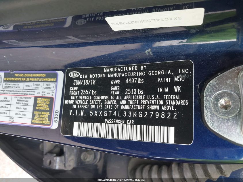 2019 Kia Optima S VIN: 5XXGT4L33KG279822 Lot: 43954816