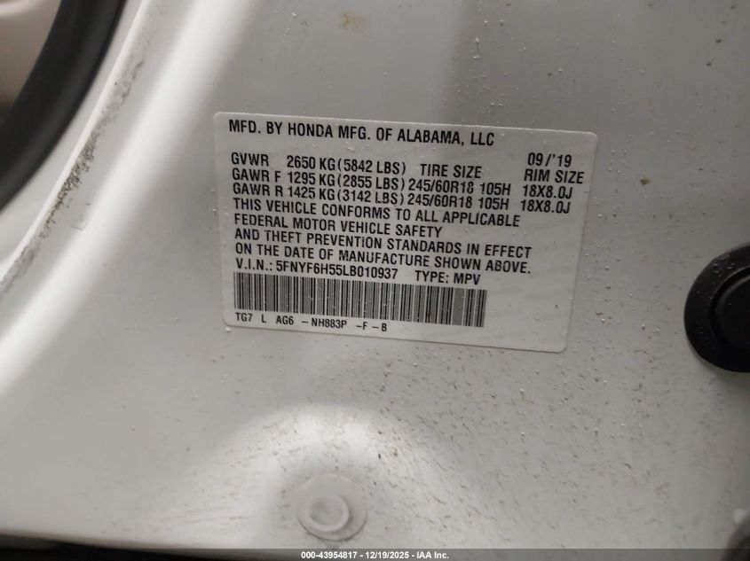 2020 Honda Pilot Awd Ex-L VIN: 5FNYF6H55LB010937 Lot: 43954817