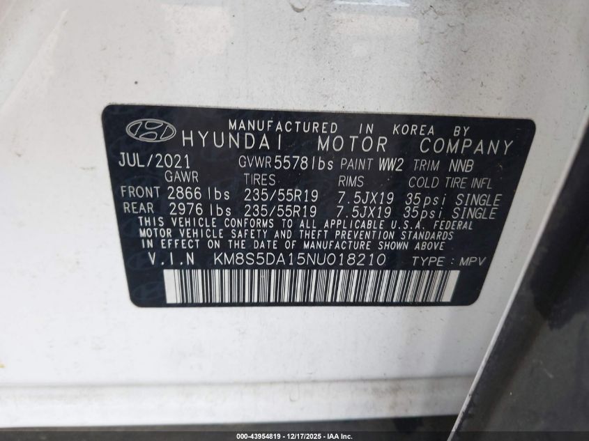 2022 Hyundai Santa Fe Hybrid Limited VIN: KM8S5DA15NU018210 Lot: 43954819
