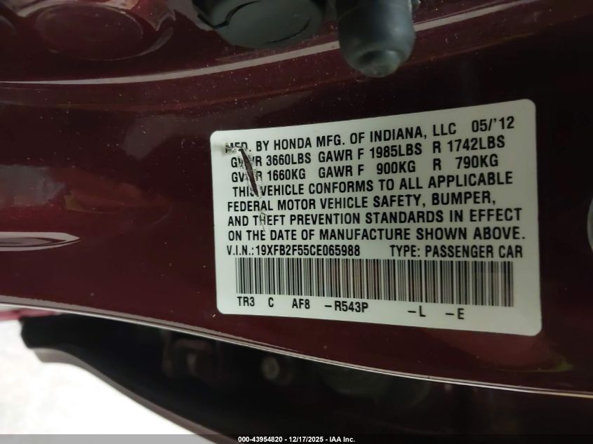 2012 Honda Civic Lx VIN: 19XFB2F55CE065988 Lot: 43954820