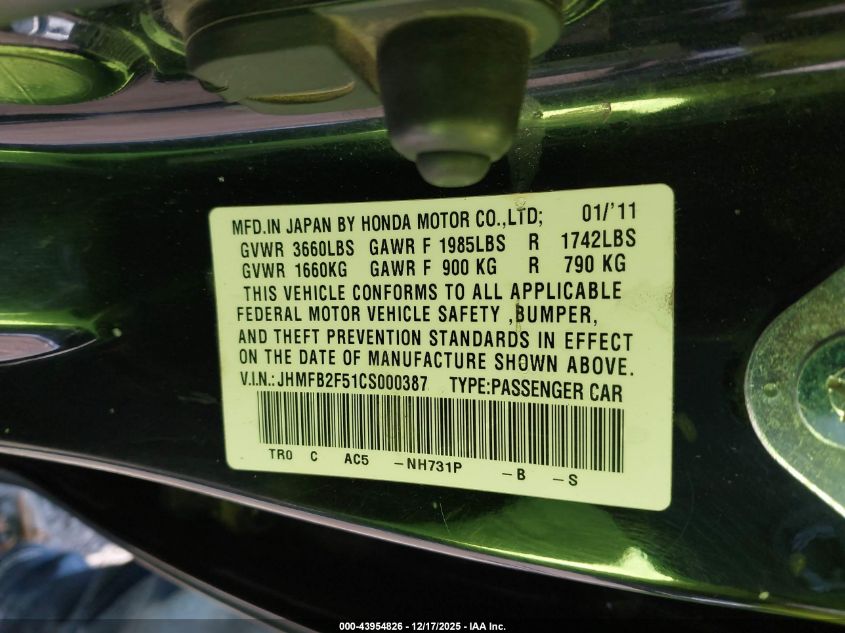 2012 Honda Civic Lx VIN: JHMFB2F51CS000387 Lot: 43954826