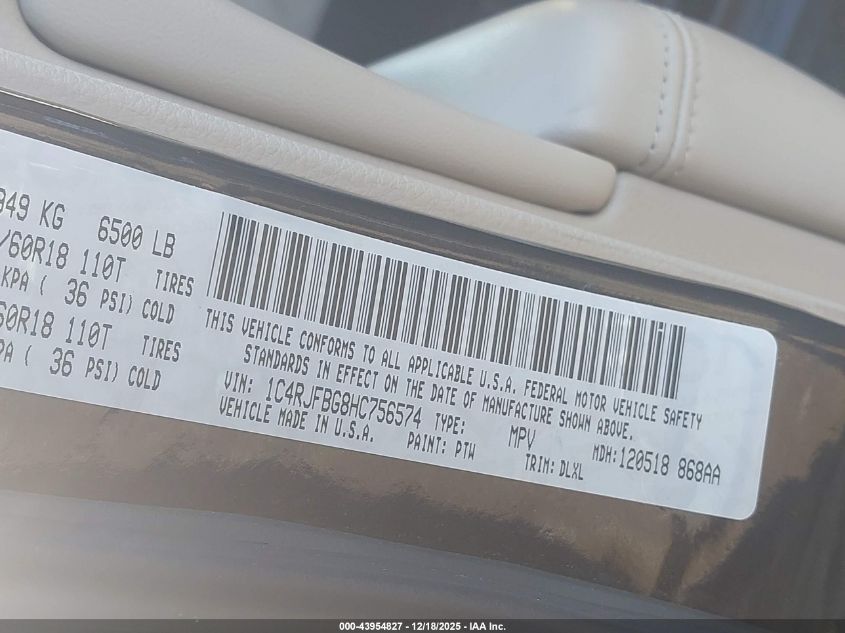 2017 Jeep Grand Cherokee Limited 4X4 VIN: 1C4RJFBG8HC756574 Lot: 43954827