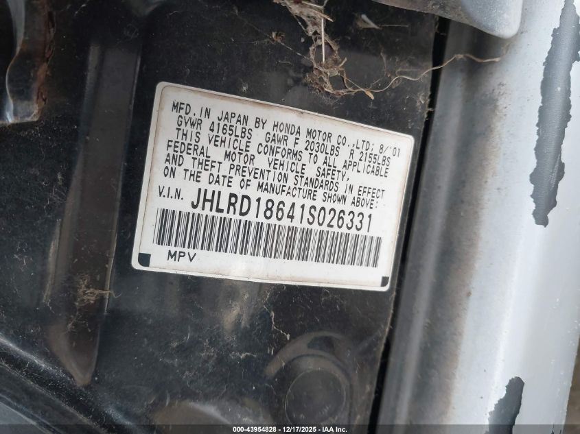 2001 Honda Cr-V Ex VIN: JHLRD18641S026331 Lot: 43954828