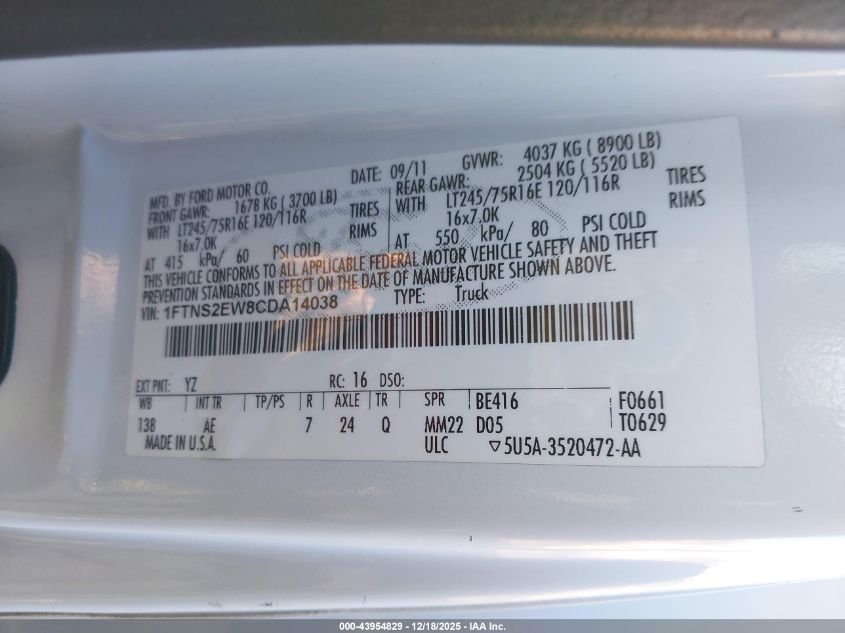 2012 Ford E-250 Commercial VIN: 1FTNS2EW8CDA14038 Lot: 43954829