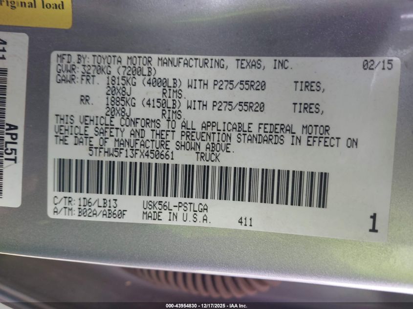 2015 Toyota Tundra Limited 5.7L V8 VIN: 5TFHW5F13FX450661 Lot: 43954830