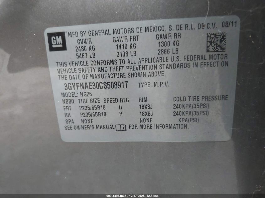 2012 Cadillac Srx Luxury Collection VIN: 3GYFNAE30CS508917 Lot: 43954837