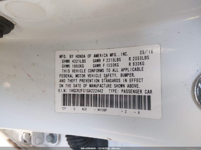 2016 Honda Accord Sport VIN: 1HGCR2F51GA222442 Lot: 43954840