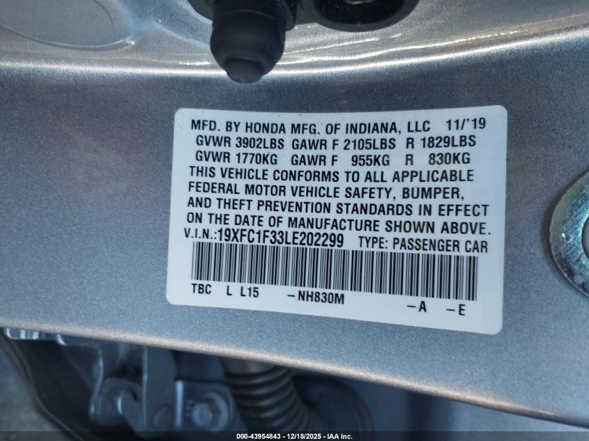 2020 Honda Civic Ex VIN: 19XFC1F33LE202299 Lot: 43954843