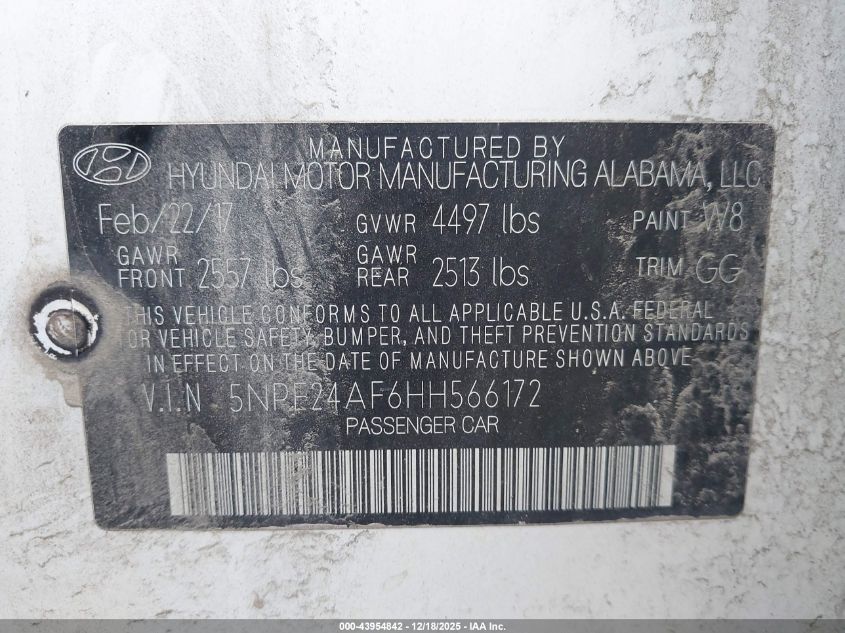 2017 Hyundai Sonata VIN: 5NPE24AF6HH566172 Lot: 43954842