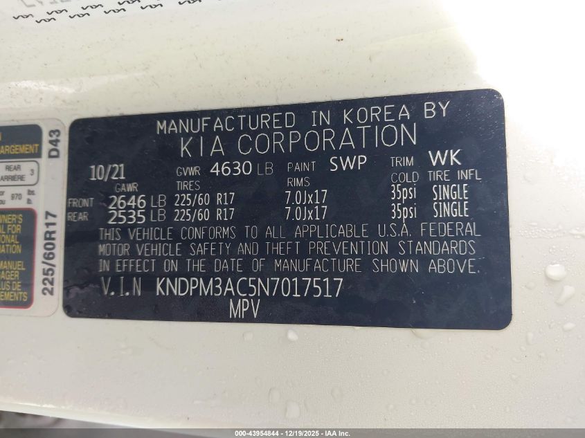 2022 Kia Sportage Lx VIN: KNDPM3AC5N7017517 Lot: 43954844