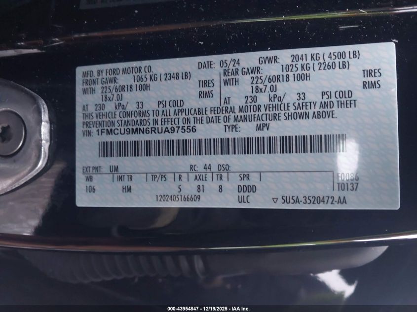 2024 Ford Escape St-Line VIN: 1FMCU9MN6RUA97556 Lot: 43954847