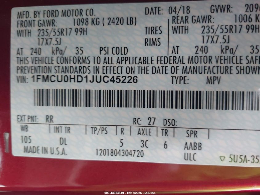 2018 Ford Escape Sel VIN: 1FMCU0HD1JUC45226 Lot: 43954849