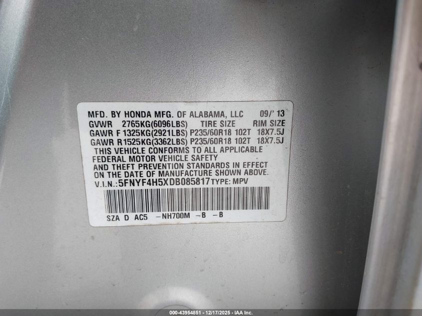 2013 Honda Pilot Ex-L VIN: 5FNYF4H5XDB085817 Lot: 43954851