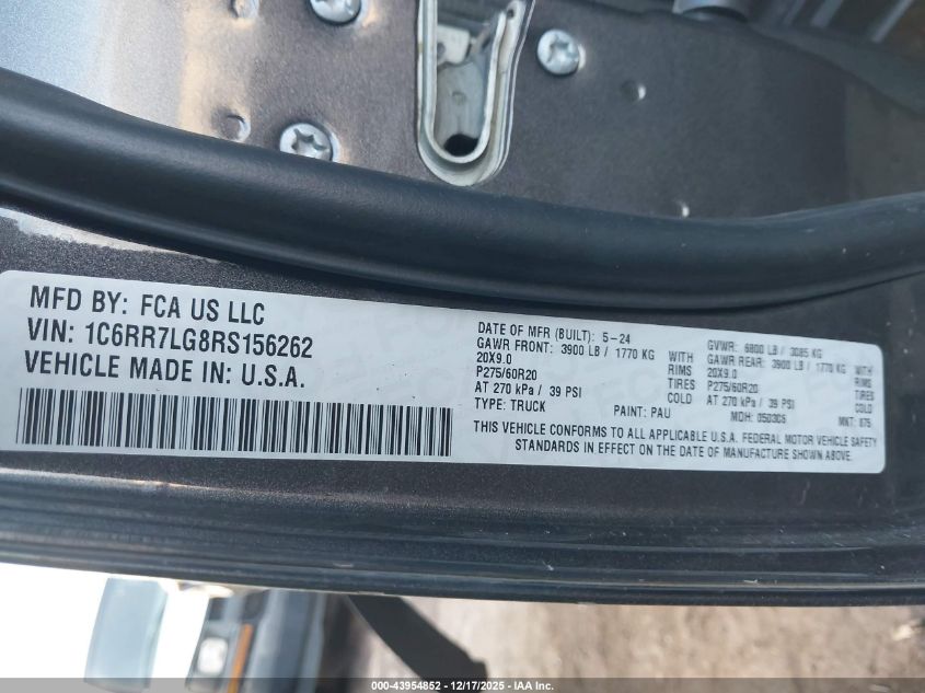 2024 Ram 1500 Classic Warlock 4X4 5'7 Box VIN: 1C6RR7LG8RS156262 Lot: 43954852