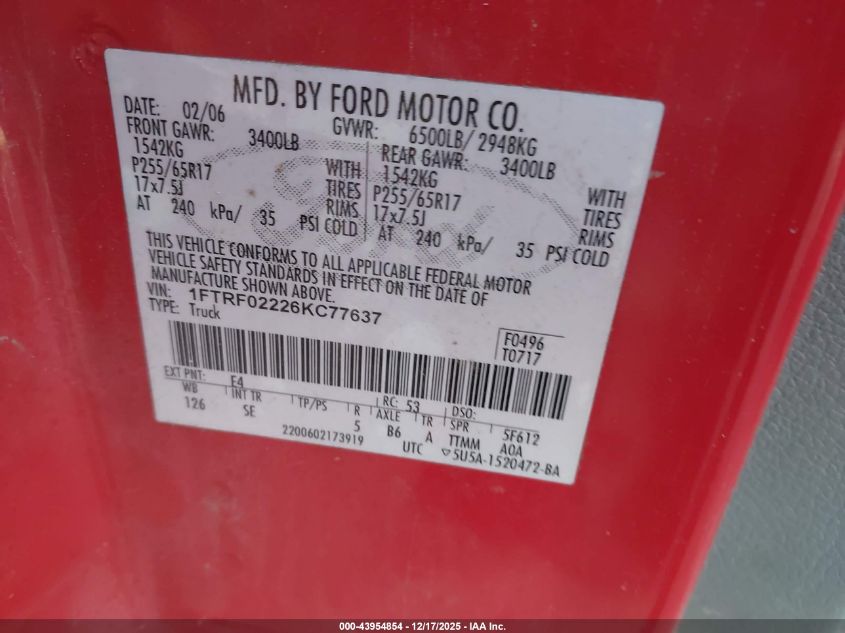 2006 Ford F-150 Stx/Xlt VIN: 1FTRF02226KC77637 Lot: 43954854