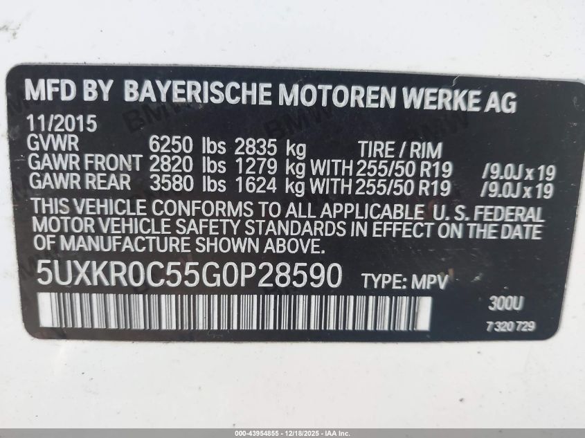 2016 BMW X5 xDrive35I VIN: 5UXKR0C55G0P28590 Lot: 43954855