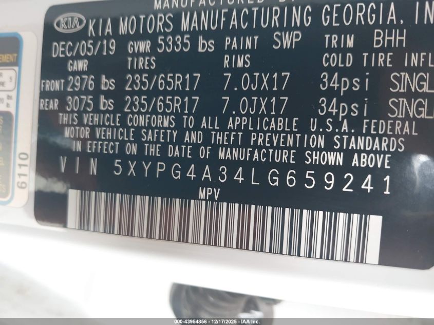 2020 Kia Sorento 2.4L Lx VIN: 5XYPG4A34LG659241 Lot: 43954856