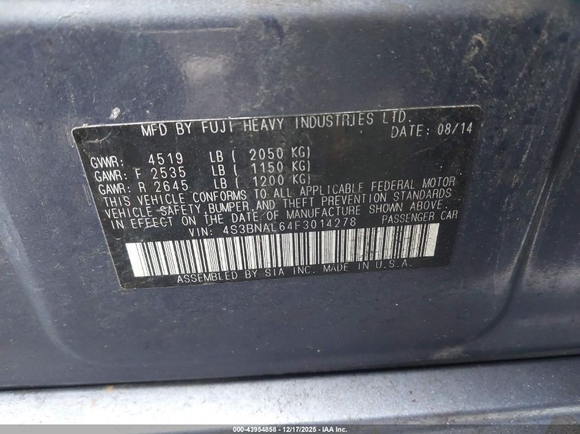 2015 Subaru Legacy 2.5I Limited VIN: 4S3BNAL64F3014278 Lot: 43954858