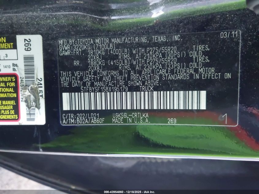 2011 Toyota Tundra Limited 5.7L V8 VIN: 5TFBY5F15BX195179 Lot: 43954860