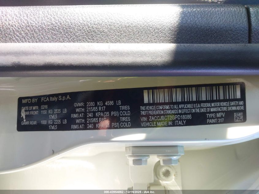 2016 Jeep Renegade Trailhawk VIN: ZACCJBCT2GGG18086 Lot: 43954862