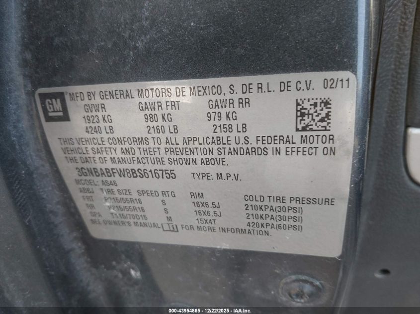 2011 Chevrolet Hhr Lt VIN: 3GNBABFW8BS616755 Lot: 43954865