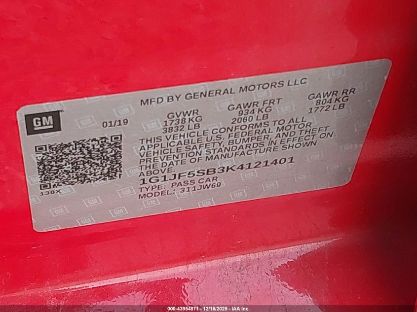 2019 Chevrolet Sonic Premier Auto VIN: 1G1JF5SB3K4121401 Lot: 43954871