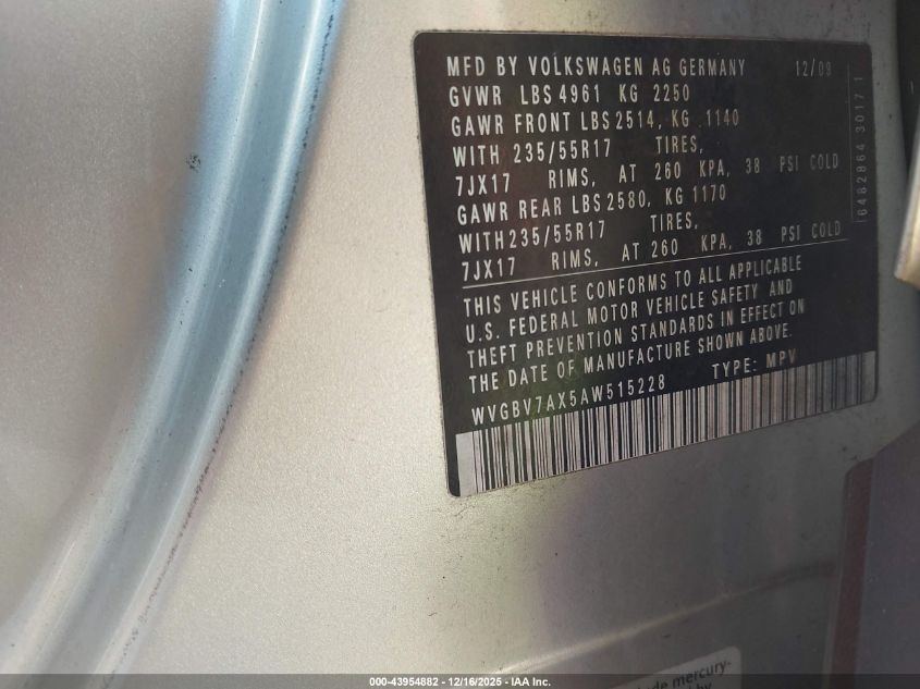 2010 Volkswagen Tiguan Wolfsburg Edition VIN: WVGBV7AX5AW515228 Lot: 43954882
