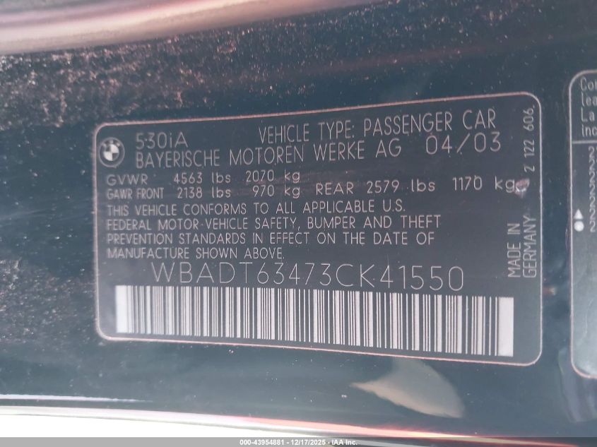 2003 BMW 530Ia VIN: WBADT63473CK41550 Lot: 43954881