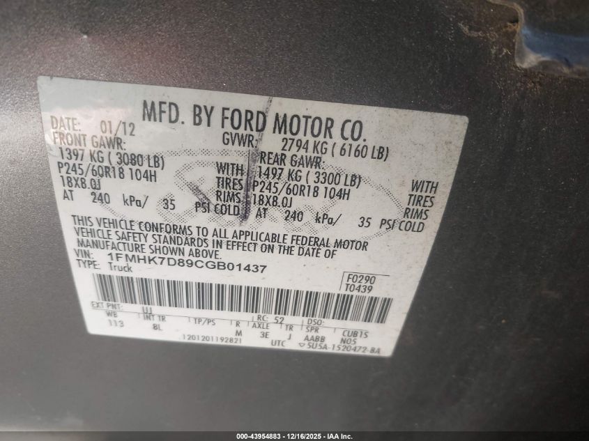 2012 Ford Explorer Xlt VIN: 1FMHK7D89CGB01437 Lot: 43954883