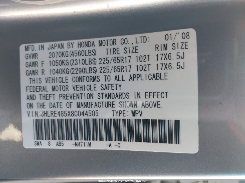2008 Honda Cr-V Ex VIN: JHLRE485X8C044505 Lot: 43954885