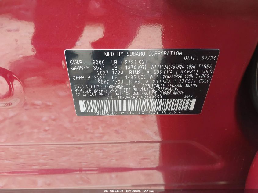 2024 Subaru Ascent VIN: 454WMAHD6R3449959 Lot: 43954889