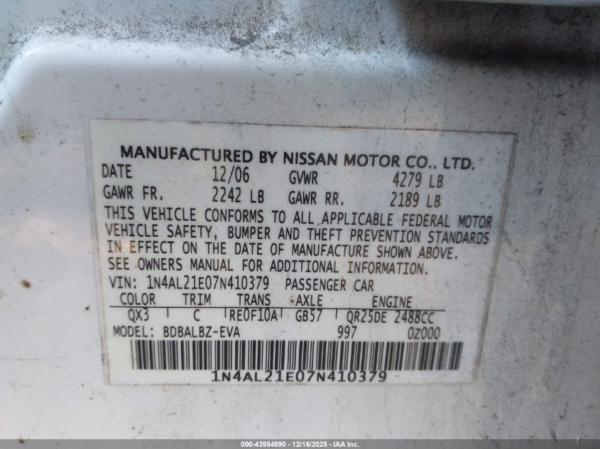 2007 Nissan Altima 2.5 S VIN: 1N4AL21E07N410379 Lot: 43954890