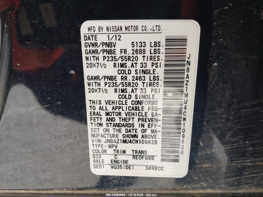 2012 Nissan Murano Le VIN: JN8AZ1MU4CW109628 Lot: 43954895