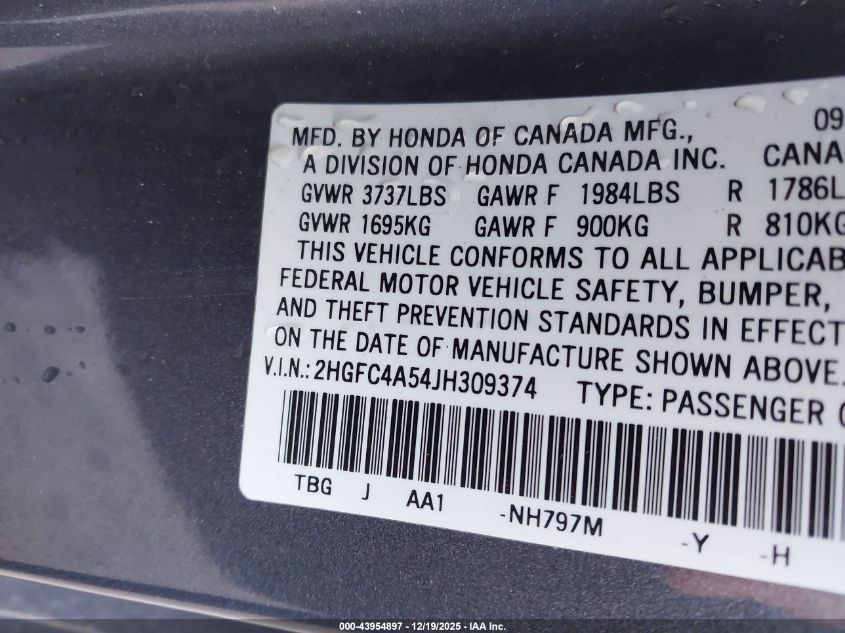 2018 Honda Civic Lx VIN: 2HGFC4A54JH309374 Lot: 43954897