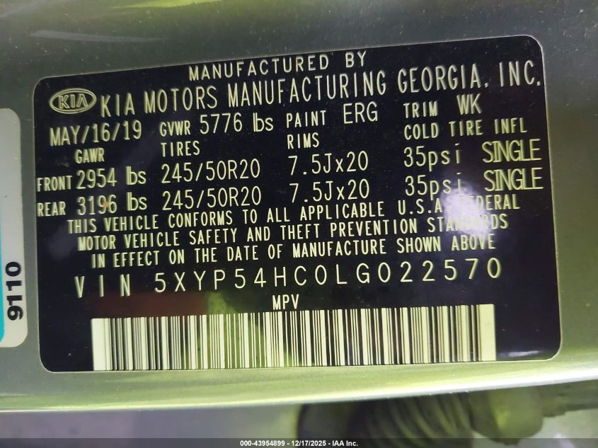 2020 Kia Telluride Sx VIN: 5XYP54HC0LG022570 Lot: 43954899