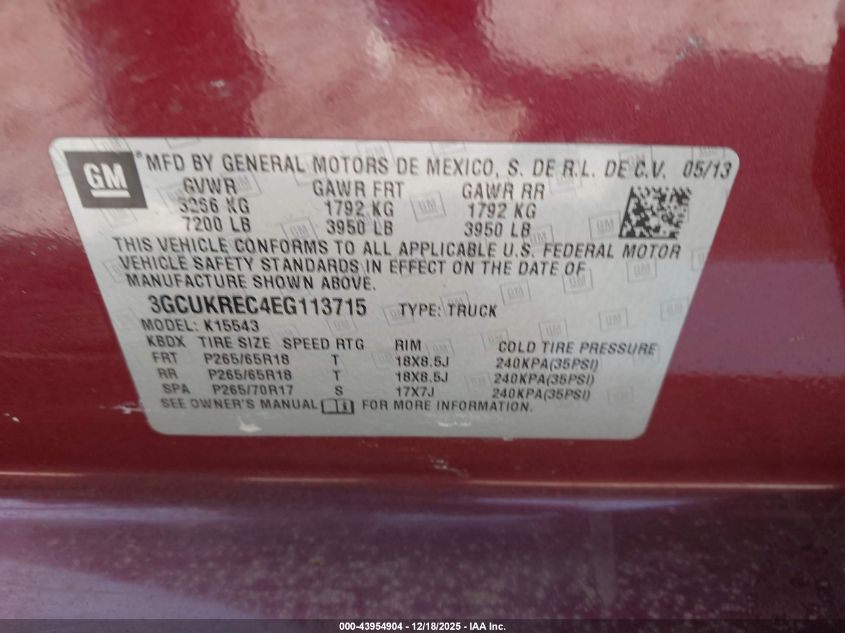 2014 Chevrolet Silverado 1500 2Lt VIN: 3GCUKREC4EG113715 Lot: 43954904