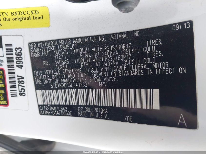 2014 Toyota Sienna Xle V6 8 Passenger VIN: 5TDYK3DC5ES413331 Lot: 43954905