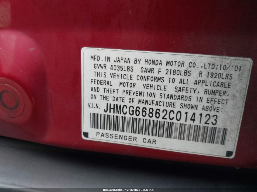 2002 Honda Accord 2.3 Ex/2.3 Se VIN: JHMCG66862C014123 Lot: 43954906