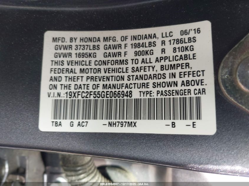 2016 Honda Civic Lx VIN: 19XFC2F55GE066948 Lot: 43954907