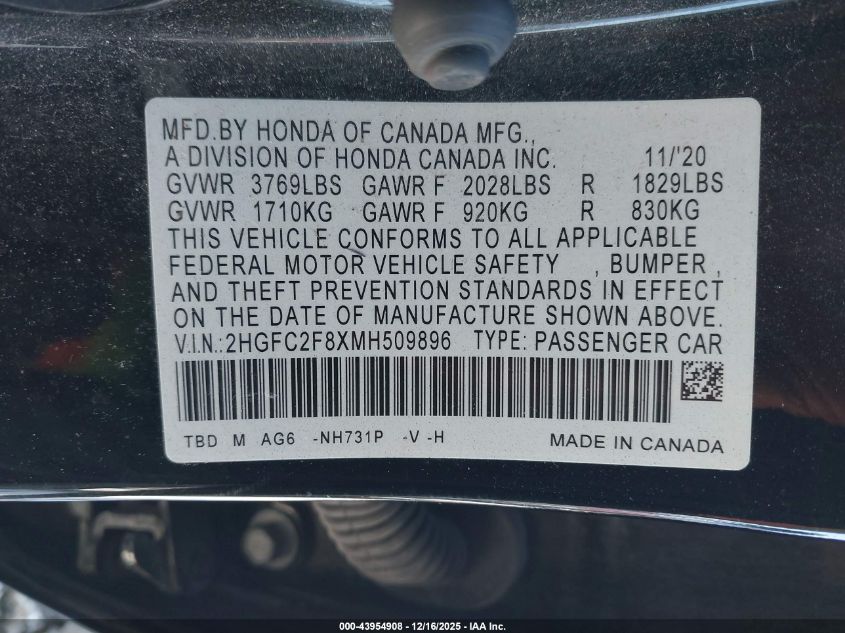 2021 Honda Civic Sport VIN: 2HGFC2F8XMH509896 Lot: 43954908