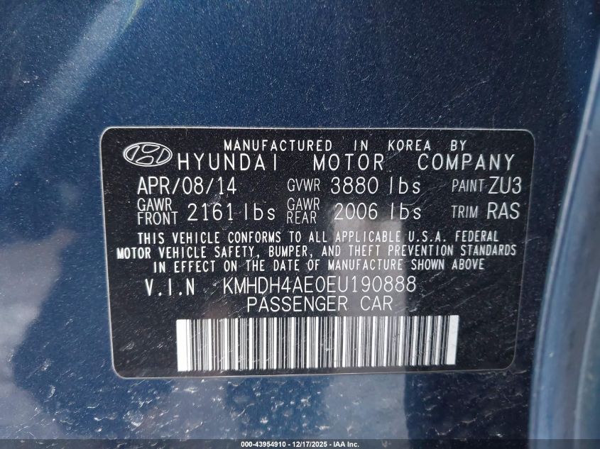 2014 Hyundai Elantra Se VIN: KMHDH4AE0EU190888 Lot: 43954910