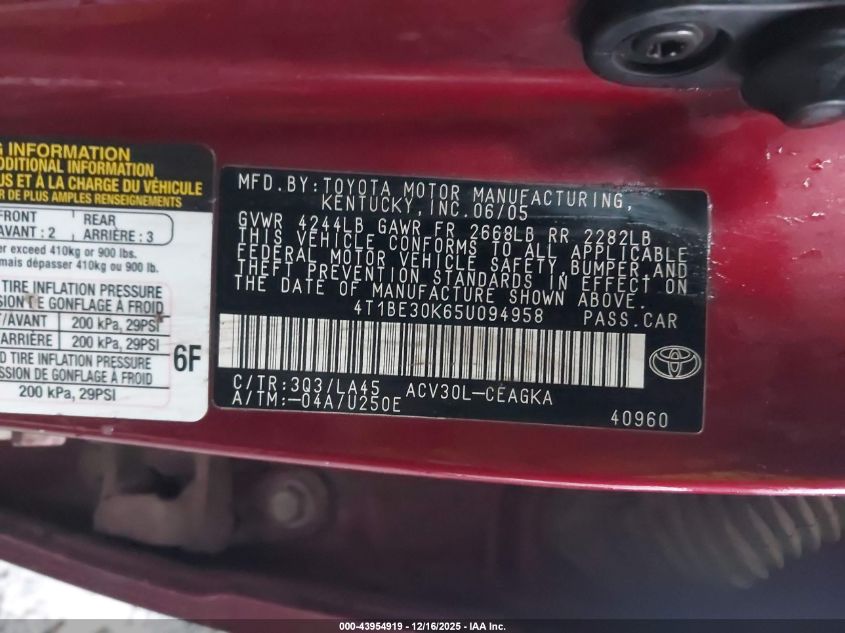 2005 Toyota Camry Xle VIN: 4T1BE30K65U094958 Lot: 43954919