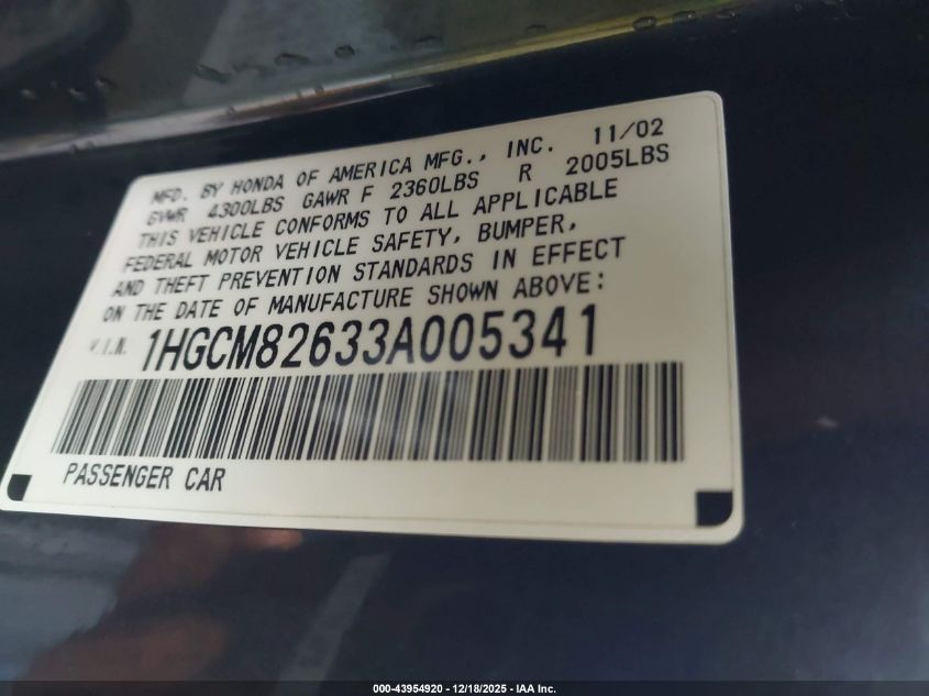 2003 Honda Accord 3.0 Ex VIN: 1HGCM82633A005341 Lot: 43954920